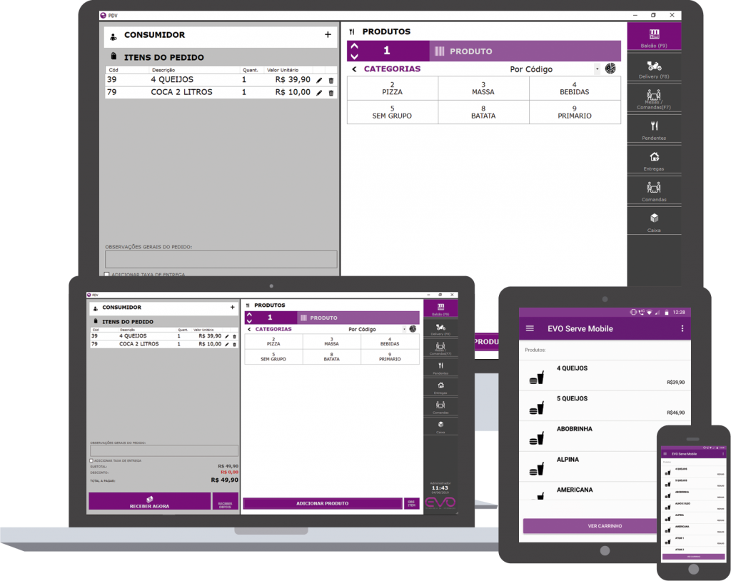 Computador, notebook, tablet e celular com o sistema serve instalado